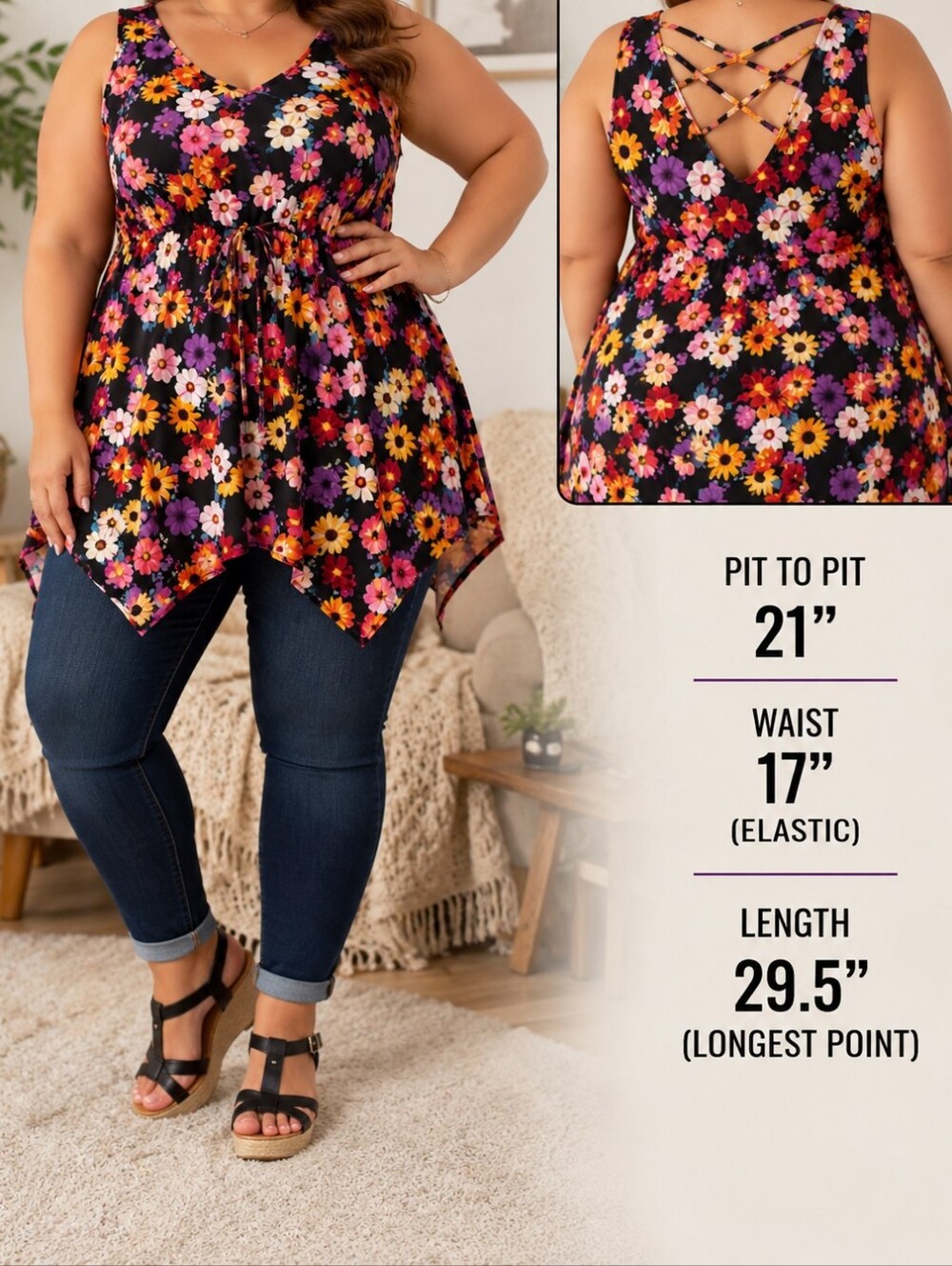 Torrid Size 2 Floral Strappy Back Flowy Handkerchief Hem Tunic Top